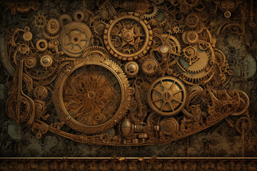 Fototapeta na wymiar Steampunk style old and rusty gear wheels and clocks background with copy space. Generative AI