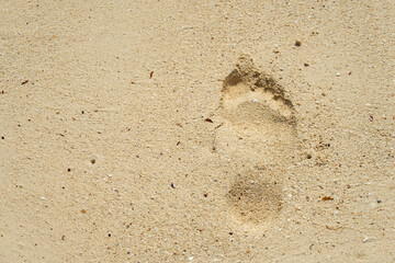 Footprints in the sand on a sandy beach as a backdrop.