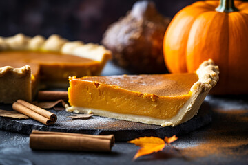 Slice of Pumpkin pie for Thanksgiving day. Close up. Generative AI.