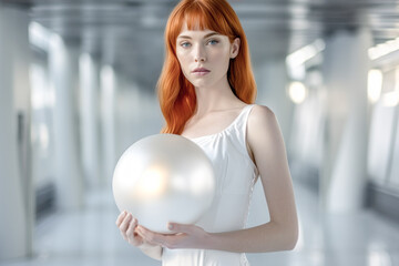 Fototapeta premium Cyborg doll living in a bubble young woman or doll in futuristic style in a field of white spheres mechanical realis, generative ai, background, cover, magazin