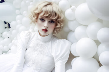 Naklejka premium Cyborg doll living in a bubble young woman or doll in futuristic style in a field of white spheres mechanical realis, generative ai, background, cover, magazin