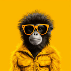 Monkey with sunglasses on yellow background. Generative AI.