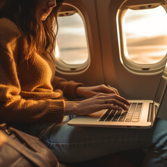 Fototapeta na wymiar Working with laptop on the plane. Generative AI.