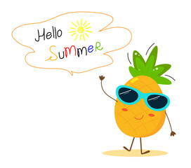 Cartoon happy pineapple in sunglasses with speech bubble and hand drawn lettering hello summer on a transparent background. Cute colorful summer vector illustration. Summertime concept. 