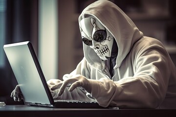 hacker stealing data . Anonymous robot hacker with skull mask typing computer laptop. Concept of hacking cybersecurity, cybercrime, cyberattack