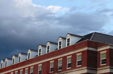 Dormers on College Campus, Exterior View, Dark Clouds in Sky