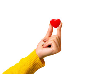 Hand holding a red heart  isolated on transparent background, heart health, and donation concepts