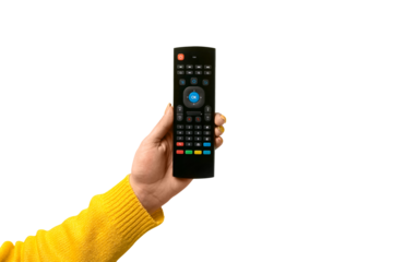 black remote control in hand isolated on transparent background