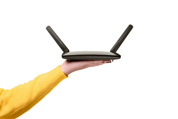 black wifi router on female hand  isolated on transparent background - obrazy, fototapety, plakaty