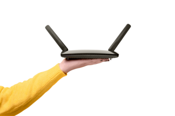 black wifi router on female hand  isolated on transparent background