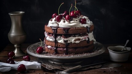 Schwarzwald Tradition Deutschland Heimat  - Moderne Schwarzwälderkirschtorte auf Tisch mit dunklem Hintergrund (Generative Ai)