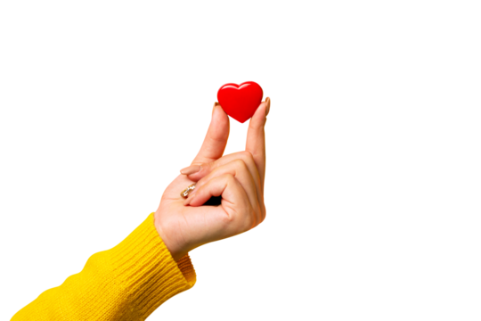 Hand holding a red heart isolated on transparent background, heart health, and donation concepts - Powered by Adobe