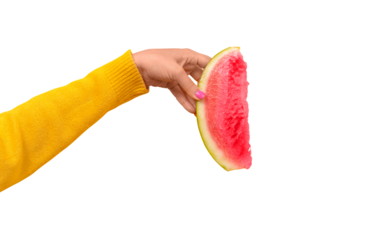 hand holds watermelon slice isolated on transparent background.  Summertime concept