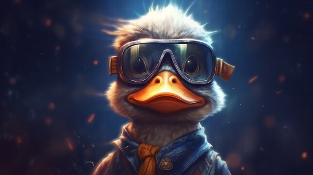 Generative AI Magic: Cute Hipster Duck in Janitor Uniform, Wearing Star-Shaped Sunglasses, an Enthralling Portrait