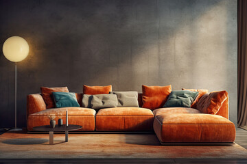 Vivid orange corner velvet sofa near concrete wall with copy space. Minimalist interior design of modern living room. Created with generative AI
