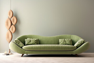 Green sofa and wooden decor accent piece near empty wall with copy space for text. Minimalist interior design of modern living room. Created with generative AI