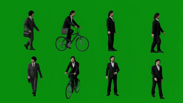 3D Four different Chinese and Japanese CEOs on green screen talking and monitoring and walking with handbags and bicycles while standing in multi-view in Chroma 4K render animation 