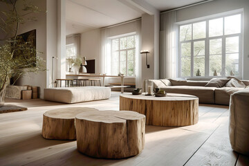 Tree stump coffee tables near beige sofa in scandinavian room. Rustic interior design of modern studio apartment. Created with generative AI