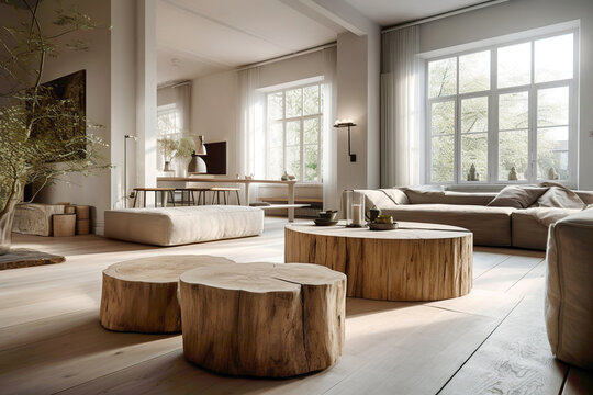 Tree Stump Coffee Tables Near Beige Sofa In Scandinavian Room. Rustic Interior Design Of Modern Studio Apartment. Created With Generative AI