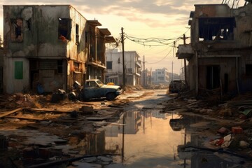 Fototapeta na wymiar AI Generated Hyperrealism dark abandoned city dirt trash everywhere background