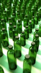 Green bottles with top view caps are on a green surface. Generative AI
