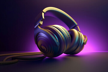 Futuristic headphones  purple light. Generative AI.