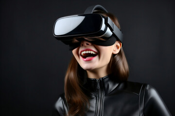 Virtual reality girl smiling as she explores new worlds with her VR headset, technology and progress concept, generative AI