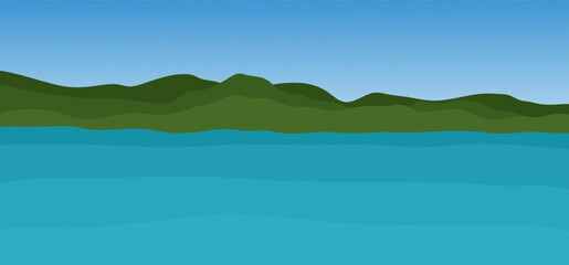 Fototapeta na wymiar Summer landscape with lake, blue sky, green hills or forest. Horizontal natural summer background with ocean. Vector flat illustration