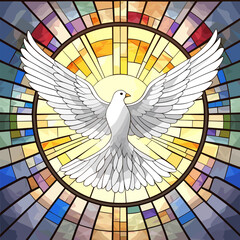White dove flying, church colored window, vector illustration