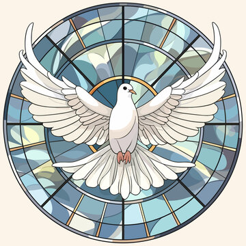 White dove flying, church colored window, vector illustration
