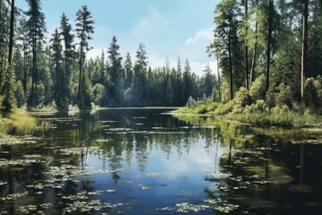 AI Generated Hyperrealism lake view with forest and river in winter view background