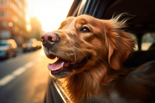 Cute smiling dog is ready to travel and looks out of the open car window. Happy dog sticking his head out of the car window, traveling with pets. Generative AI