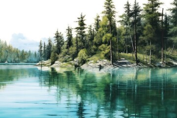 AI Generated Hyperrealism lake view with forest and river in winter view background