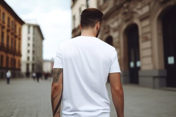 Young man with white blank T-shirt. Shirt mockup, template, back view. Copy space for text, logo, graphic, print. Tshirt mock up. Close up. Generative AI.