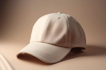Fototapeta premium Beige blank cap on beige background. Baseball cap mockup, template. Copy space for text, logo, graphic, print. Basecap mock up. Close up view. Generative AI.