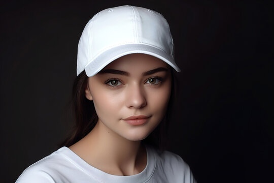Beautiful young woman with white blank cap. Baseball cap mockup, template. Copy space for text, logo, graphic, print. Basecap mock up. Close up view. Generative AI.