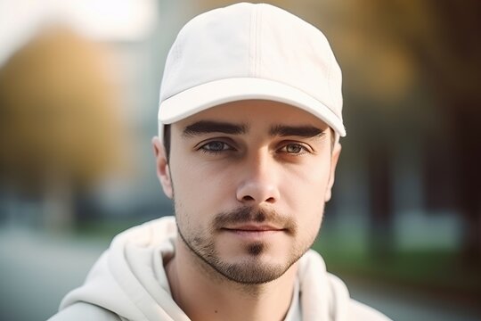 Young man with white blank cap. Baseball cap mockup, template. Copy space for text, logo, graphic, print. Basecap mock up. Close up view. Generative AI.