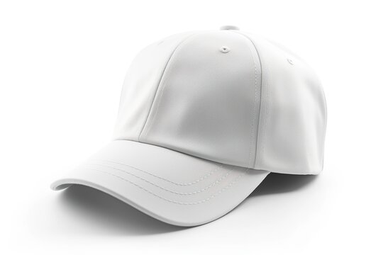 White blank cap isolated on white background. Baseball cap mockup, template. Copy space for text, logo, graphic, print. Basecap mock up. Close up view. Generative AI.