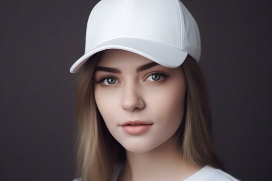 Beautiful young woman with white blank cap. Baseball cap mockup, template. Copy space for text, logo, graphic, print. Basecap mock up. Close up view. Generative AI.