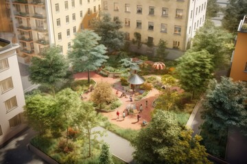 Fototapeta na wymiar AI Generated Hyperrealism playground view with garden and in center of the city background