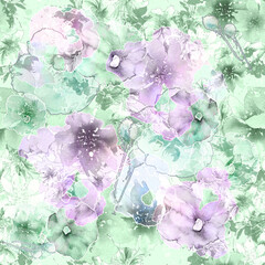 Watercolor graphic flowers. Field bouquet. fashion illustration. Orchid flowers, chamomile., cornflower, pansies, viola, field or garden flowers. Watercolor abstract. Seamless art background.