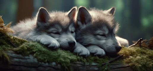 two little wolf cubs lie in the forest next to each other
