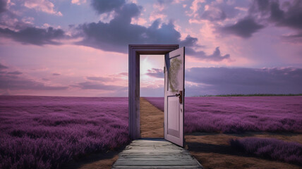 door to heaven through a purple lavender field