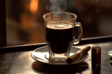 Cigar and coffee arrangement product photography with natural light. Ai generated