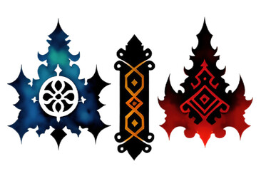 Fototapeta na wymiar Unusual hand painted spiky gothic watercolor shapes with geometric line art fill patterns. PNG transparent background. Generative AI illustration.
