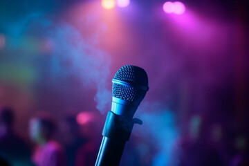 Photography of a concert microphone close up macro on stage. Ai generated