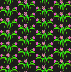 Seamless vector texture in the form of painted pink flowers and leaves on a black background