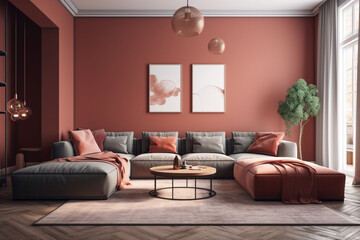 Fototapeta premium Cool room interior design in brown color with sofa. Ai generated