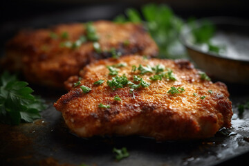 Tasty and crispy chicken schnitzel product photography with natural light. Ai generated