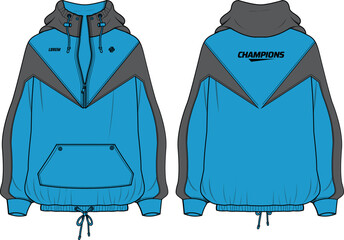 Women Long sleeve Anorak Hoodie jacket design flat sketch illustration, popover Hooded jacket with front and back view, windcheater winter jacket for girl and women. for hiking and workout in winter. © JERZEY DESINZ